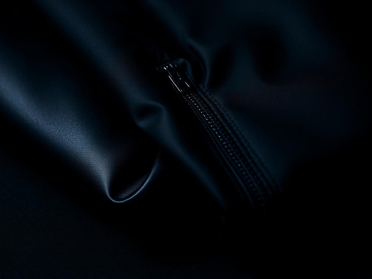 Close detail of dark fabric and zipper