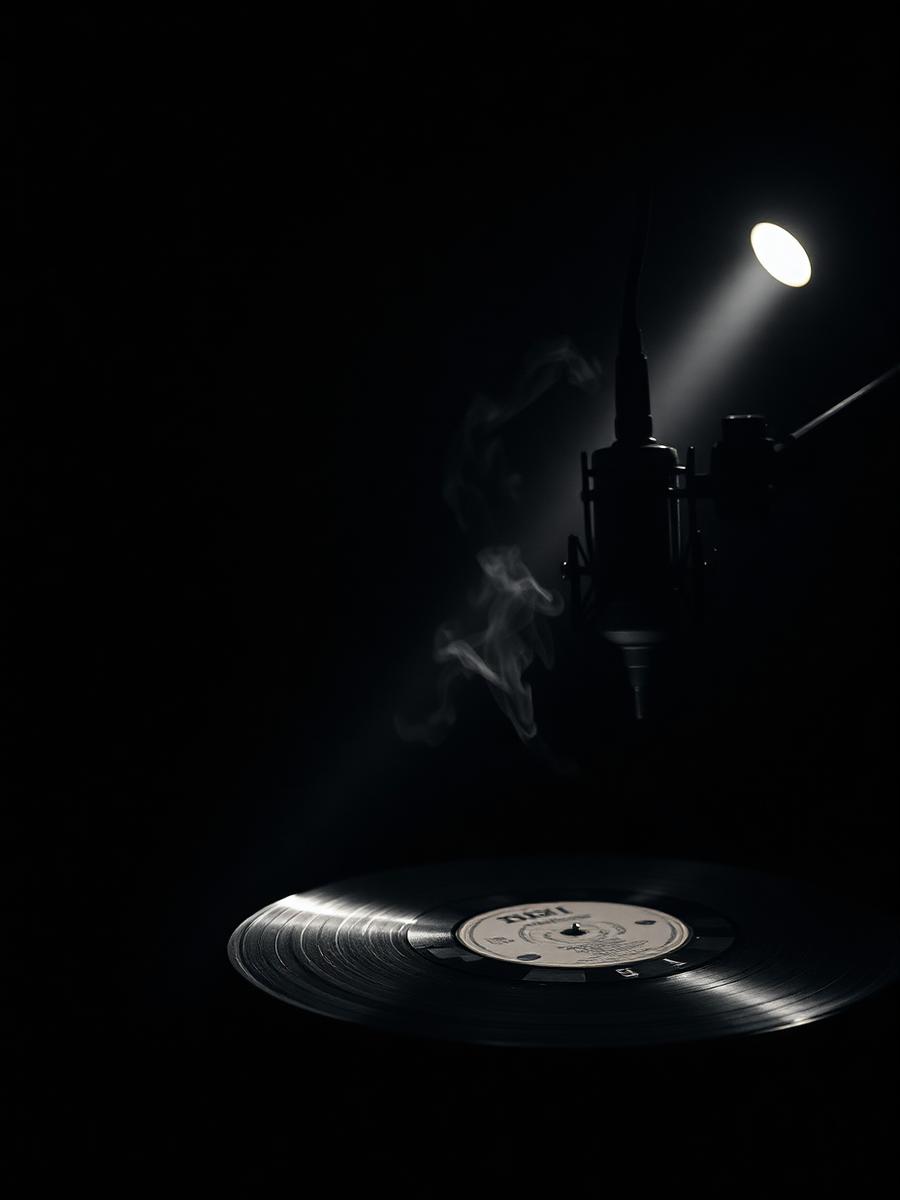 Studio microphone and vinyl record in low light