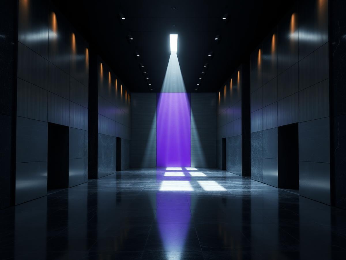Futuristic gallery hall lit by a single beam